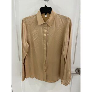 NWOT LilySilk Blouse Champagne Gold Button Long Sleeve Top LARGE Mulberry Silk